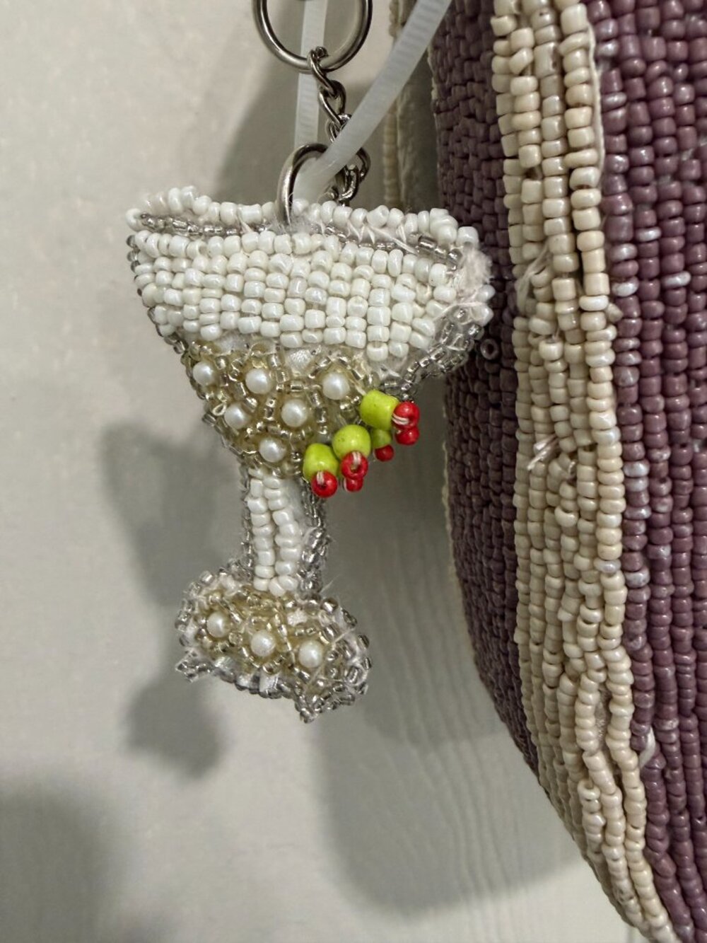 Dirty Martini Olives Striped Beaded Bag with Keychain Charm Handmade India  NWT - Picture 3 of 6